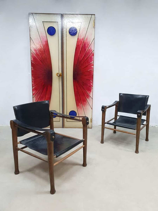 Mid-Century Leather Safari Chairs in the Style of Borge Mogensen, Set of 2