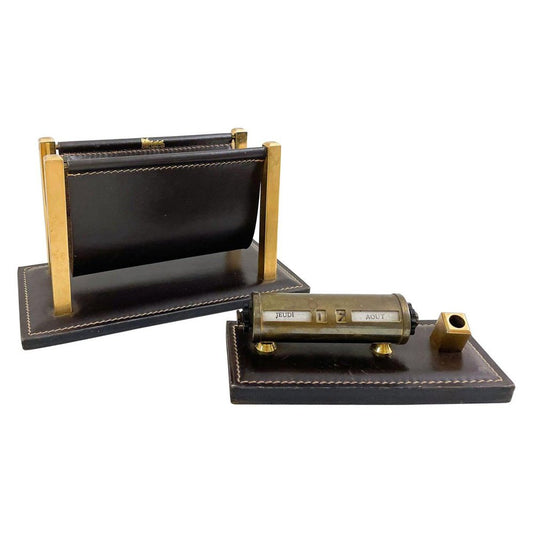 Mid-Century Letter Holder and Calendar in Leather, Delvaux, Belgium, 1970s, Set of 2