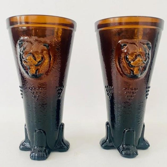 Mid-Century Lion Vases Set in Amber Ocher Glass, 1970s, Set of 2