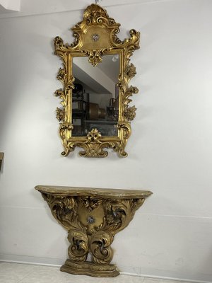 Mid-Century Louis Xv Console and Mirror in Carved and Gilded Wood, 1930s, Set of 2-YST-2042993