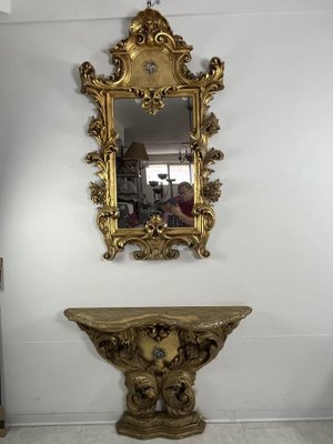 Mid-Century Louis Xv Console and Mirror in Carved and Gilded Wood, 1930s, Set of 2-YST-2042993