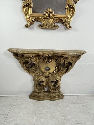 Mid-Century Louis Xv Console and Mirror in Carved and Gilded Wood, 1930s, Set of 2-YST-2042993