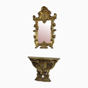 Mid-Century Louis Xv Console and Mirror in Carved and Gilded Wood, 1930s, Set of 2-YST-2042993