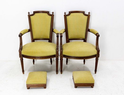 Mid-Century Louis XVI Revival Open Armchairs with Footstools, France, Set of 2-RIU-1309300