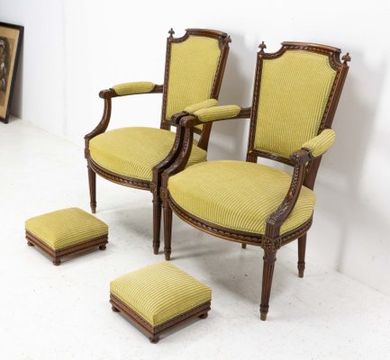 Mid-Century Louis XVI Revival Open Armchairs with Footstools, France, Set of 2-RIU-1309300