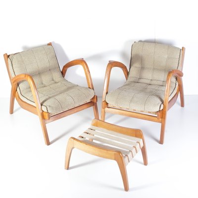 Mid-Century Lounge Chairs and Stool by Kropacek & Kozelka for ČUD, 1940s, Set of 3-IND-1718189