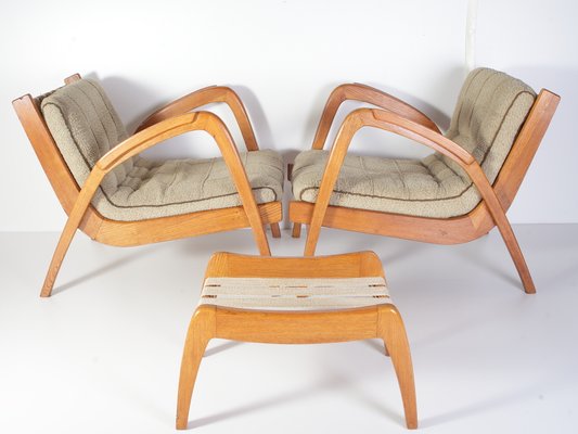 Mid-Century Lounge Chairs and Stool by Kropacek & Kozelka for ČUD, 1940s, Set of 3-IND-1718189