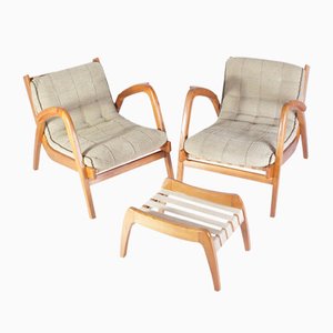 Mid-Century Lounge Chairs and Stool by Kropacek & Kozelka for ČUD, 1940s, Set of 3-IND-1718189