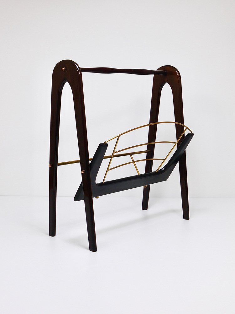 Mid-Century Magazine Rack in Mahogany and Brass by Cesare Lacca for Cesare Lacca, 1950s