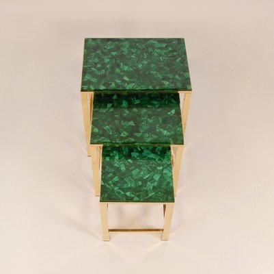 Mid-Century Malachite and Gold Gilt Brass Nesting Tables Coffee Table, 1970s, Set of 3-GOE-1451570