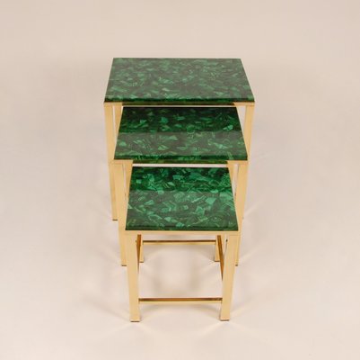 Mid-Century Malachite and Gold Gilt Brass Nesting Tables Coffee Table, 1970s, Set of 3-GOE-1451570