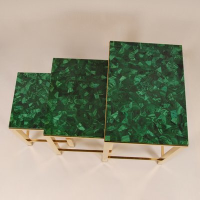 Mid-Century Malachite and Gold Gilt Brass Nesting Tables Coffee Table, 1970s, Set of 3-GOE-1451570