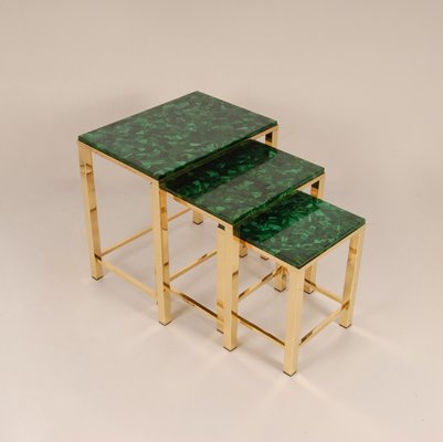 Mid-Century Malachite and Gold Gilt Brass Nesting Tables Coffee Table, 1970s, Set of 3-GOE-1451570