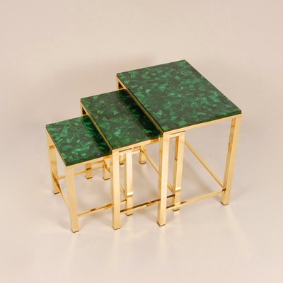 Mid-Century Malachite and Gold Gilt Brass Nesting Tables Coffee Table, 1970s, Set of 3-GOE-1451570