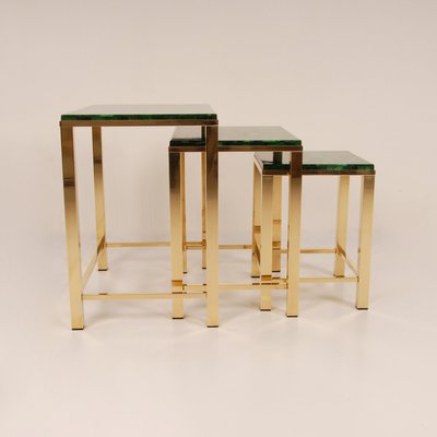 Mid-Century Malachite and Gold Gilt Brass Nesting Tables Coffee Table, 1970s, Set of 3-GOE-1451570