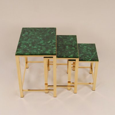 Mid-Century Malachite and Gold Gilt Brass Nesting Tables Coffee Table, 1970s, Set of 3-GOE-1451570