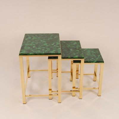 Mid-Century Malachite and Gold Gilt Brass Nesting Tables Coffee Table, 1970s, Set of 3-GOE-1451570