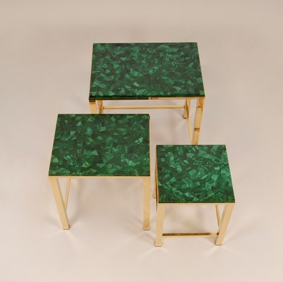 Mid-Century Malachite and Gold Gilt Brass Nesting Tables Coffee Table, 1970s, Set of 3-GOE-1451570