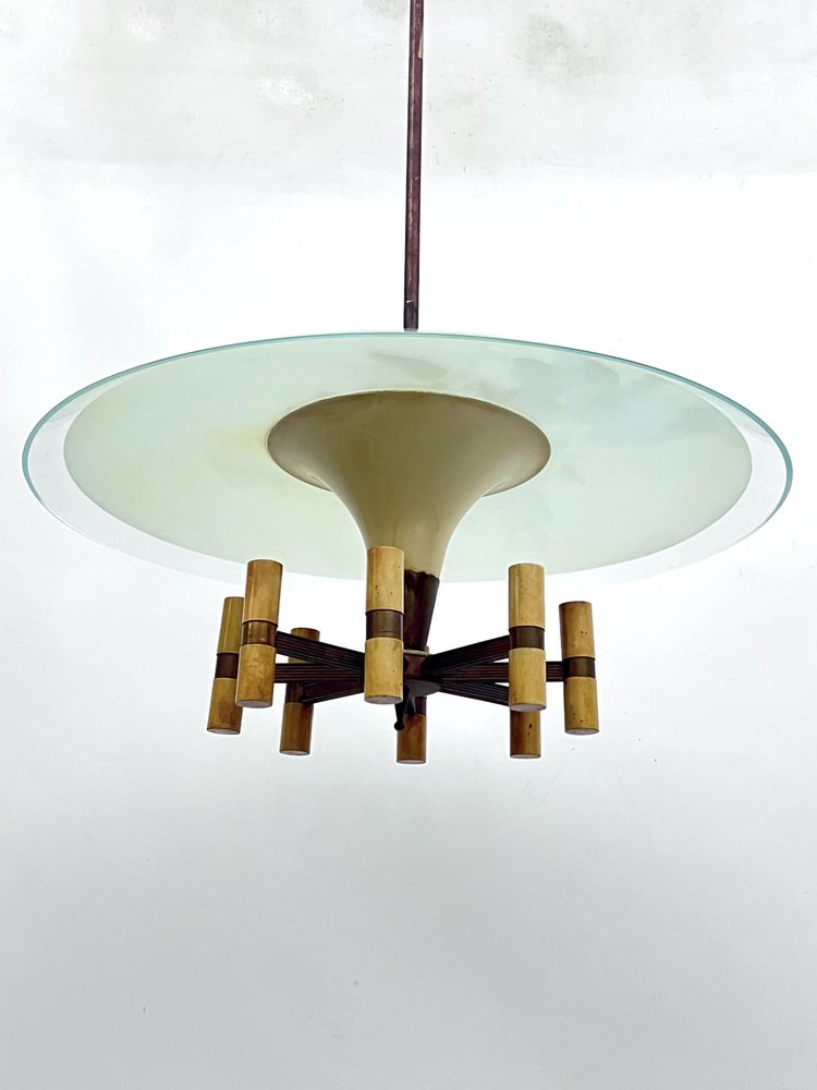 Mid-Century Manner Curved Glass Disk Chandelier, Fontana Arte, Italy, 1950s