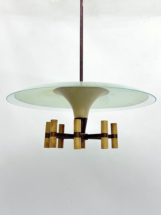 Mid-Century Manner Curved Glass Disk Chandelier, Fontana Arte, Italy, 1950s