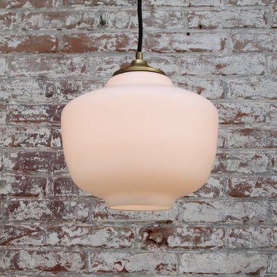 Mid-Century Matte White Opaline Glass Pendant Lamp with Brass Top-BLS-906732