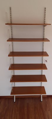 Mid-Century Minimalist Bookcase with Adjustable Shelves in Yellow-Brown Wood and Book Supports for White Painted Iron Frame from Sparrings-HOI-1792914