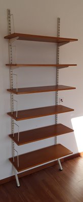 Mid-Century Minimalist Bookcase with Adjustable Shelves in Yellow-Brown Wood and Book Supports for White Painted Iron Frame from Sparrings-HOI-1792914