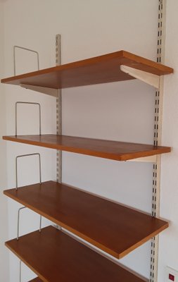 Mid-Century Minimalist Bookcase with Adjustable Shelves in Yellow-Brown Wood and Book Supports for White Painted Iron Frame from Sparrings-HOI-1792914