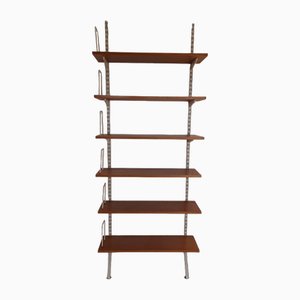 Mid-Century Minimalist Bookcase with Adjustable Shelves in Yellow-Brown Wood and Book Supports for White Painted Iron Frame from Sparrings-HOI-1792914