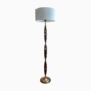 Mid-Century Minimalist Italian Wood and Brass Floor Lamp, 1950s-ES-722299