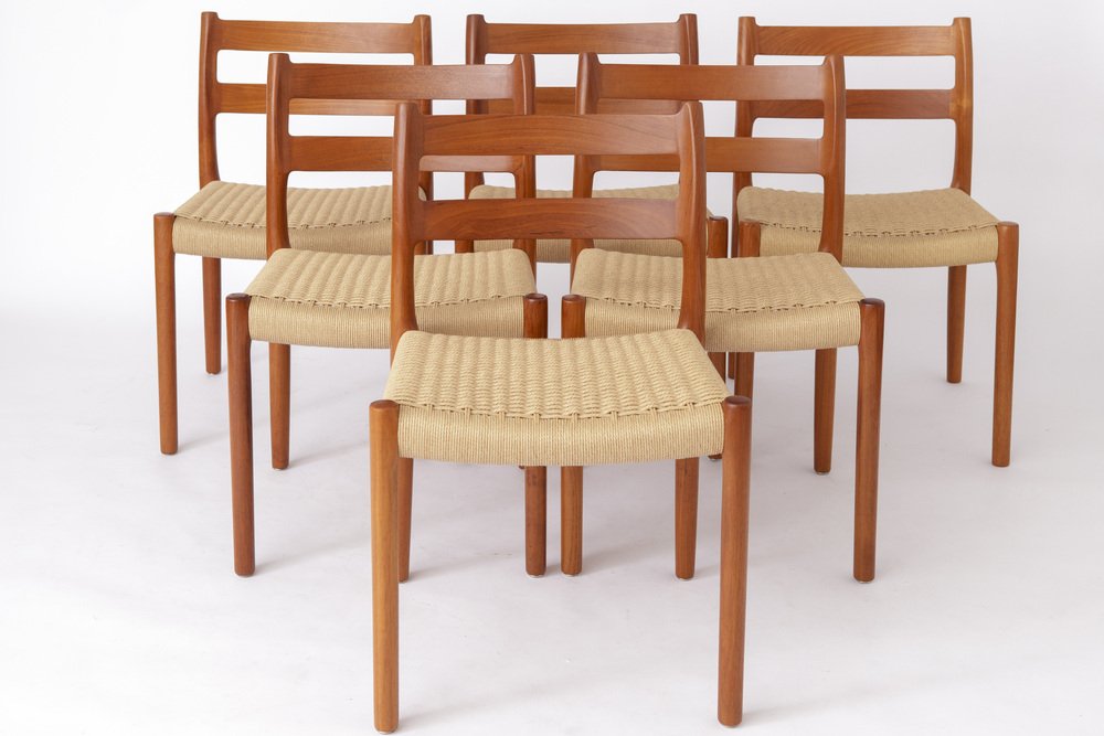 Mid-Century Model 84 Dining Chairs in Teak with Papercord Seats by Niels O. Møller for J.L. Moller, 1970s, Set of 6