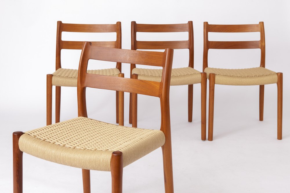 Mid-Century Model 84 Dining Chairs in Teak with Papercord Seats by Niels O. Møller for J.L. Moller, 1970s, Set of 6