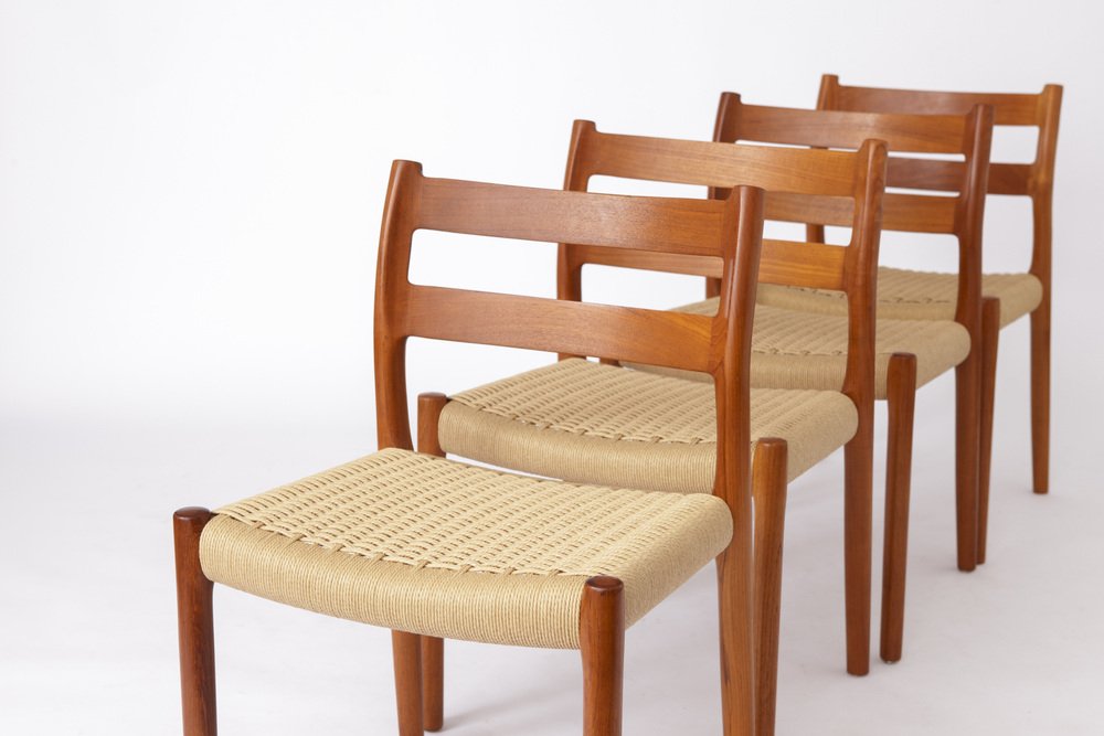 Mid-Century Model 84 Dining Chairs in Teak with Papercord Seats by Niels O. Møller for J.L. Moller, 1970s, Set of 6