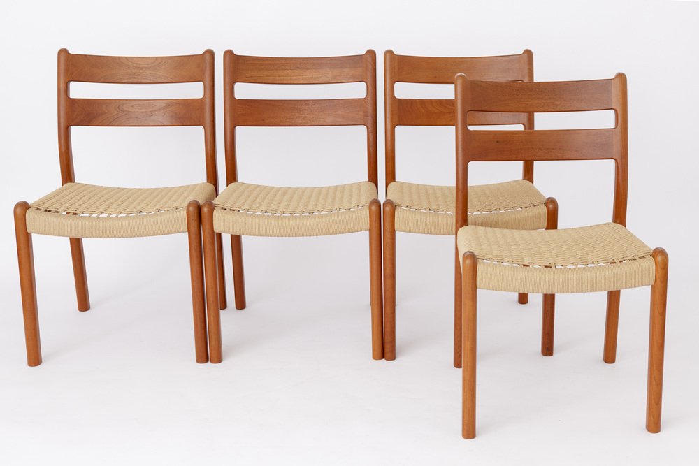 Mid-Century Model 84 Dining Chairs in Teak with Papercord Seats by Niels O. Møller for J.L. Moller, 1970s, Set of 6