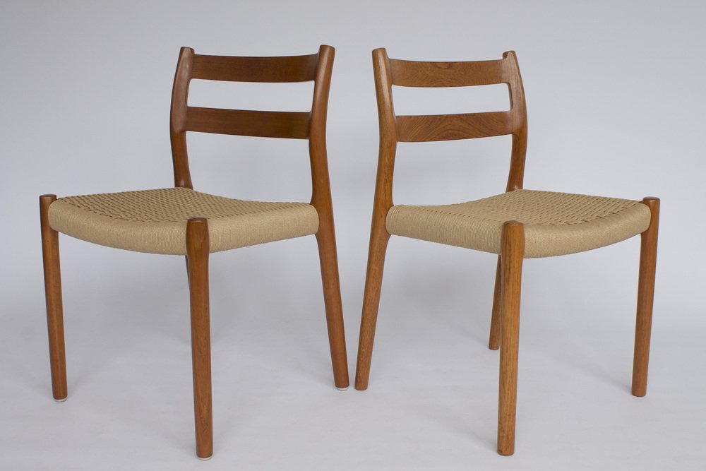 Mid-Century Model 84 Dining Chairs in Teak with Papercord Seats by Niels O. Møller for J.L. Moller, 1970s, Set of 6