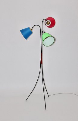 Mid-Century Modern 3-Legged Black Metal Floor Lamp with Multicolored Lampshades, 1950s-NB-852954