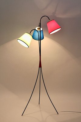 Mid-Century Modern 3-Legged Black Metal Floor Lamp with Multicolored Lampshades, 1950s-NB-852954