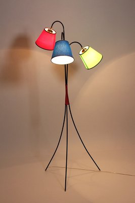 Mid-Century Modern 3-Legged Black Metal Floor Lamp with Multicolored Lampshades, 1950s-NB-852954