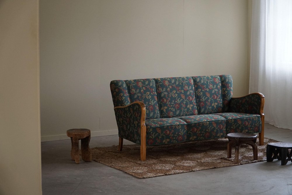 Mid-Century Modern 3-Seater Sofa in Beech and Fabric, Denmark, 1960s