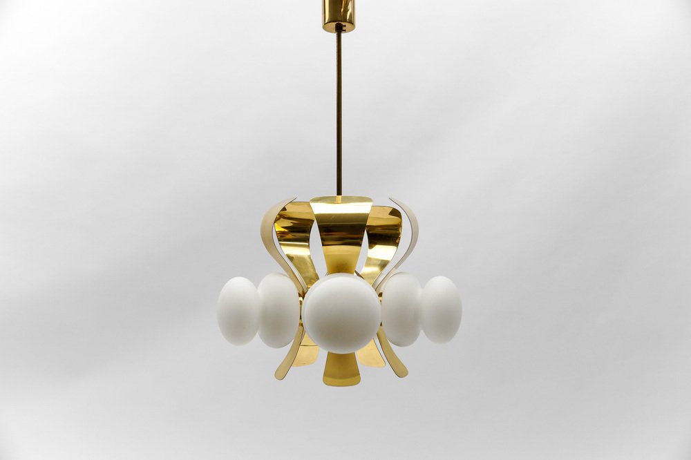 Mid-Century Modern 5-Arm Orbit Lamp in Gold and Opaline Glass, 1960s