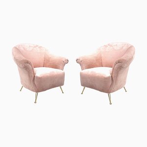 Mid-Century Modern Armchairs in Pink Trimed Faux Fur, Italy, 1950s, Set of 2-UZ-1388171