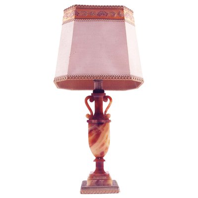 Mid-Century Modern Art Deco Table Lamp in Red Alabaster with Damask Lampshade, 1930s-NJV-2021403