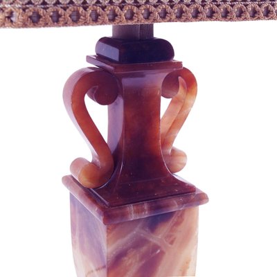 Mid-Century Modern Art Deco Table Lamp in Red Alabaster with Damask Lampshade, 1930s-NJV-2021403