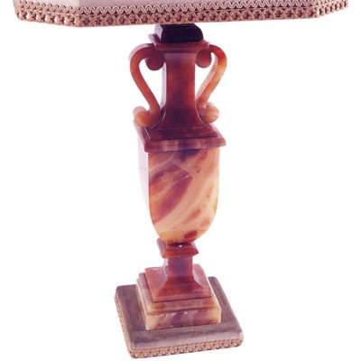 Mid-Century Modern Art Deco Table Lamp in Red Alabaster with Damask Lampshade, 1930s-NJV-2021403