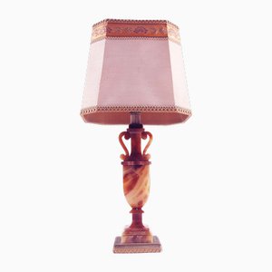 Mid-Century Modern Art Deco Table Lamp in Red Alabaster with Damask Lampshade, 1930s-NJV-2021403