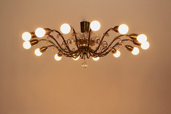 Mid-Century Modern Austrian Brass and Crystals 14 Arms Chandelier from J & L Lobmeyr, 1950s-NB-1140155