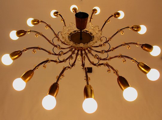 Mid-Century Modern Austrian Brass and Crystals 14 Arms Chandelier from J & L Lobmeyr, 1950s-NB-1140155