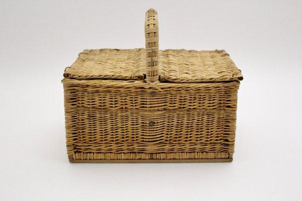 Mid-Century Modern Austrian Rattan Picnic Lidded Basket, 1950s-NB-1140153