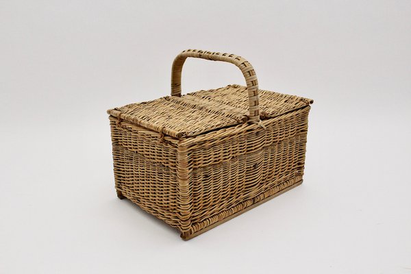 Mid-Century Modern Austrian Rattan Picnic Lidded Basket, 1950s-NB-1140153