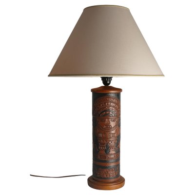 Mid-Century Modern Aztec Motif Hand Tooled Leather Table Lamp-RUK-1822428